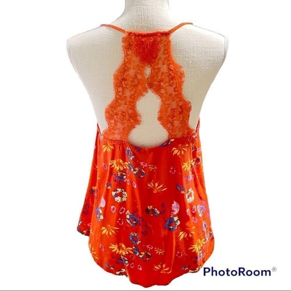 Elodie large orange floral spaghetti straps lace open back silky top - Picture 4 of 5